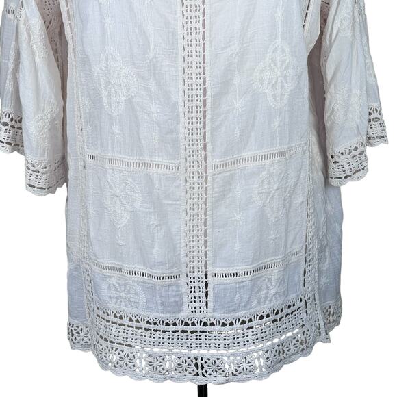 Democracy Women’s Ivory Gauzy Cotton Crochet Trim 3/4 Sleeve Boho Top Medium EUC - Picture 3 of 13
